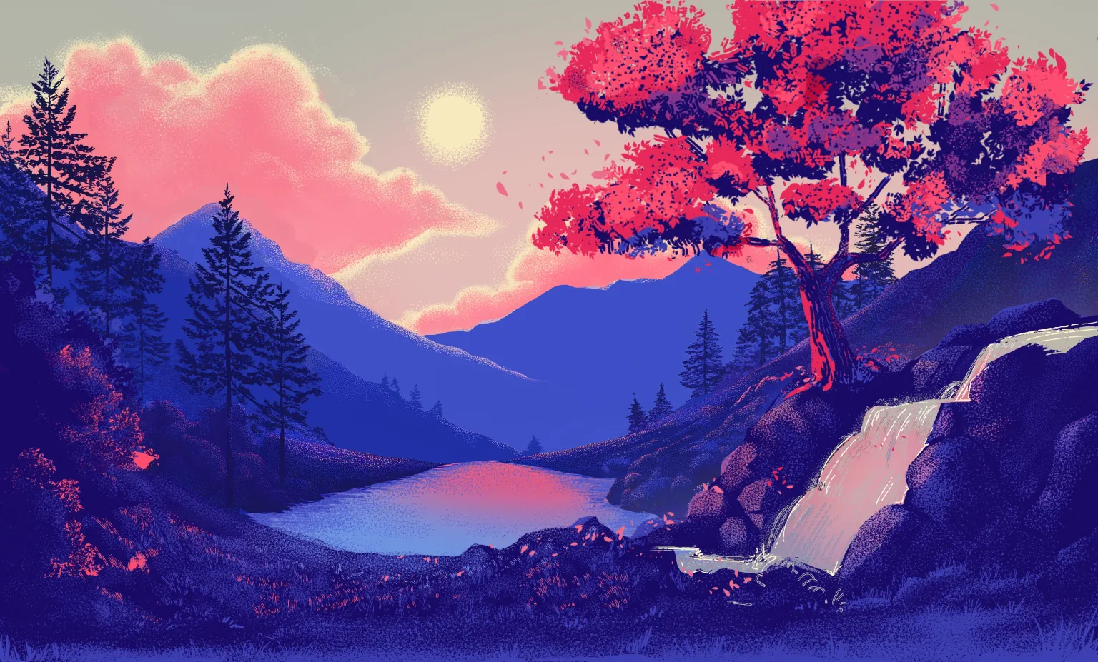 Stylized cherry blossom landscape