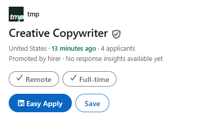 Picture of job listing for a creative copywriter posted 13 minutes ago with 4 applicants.