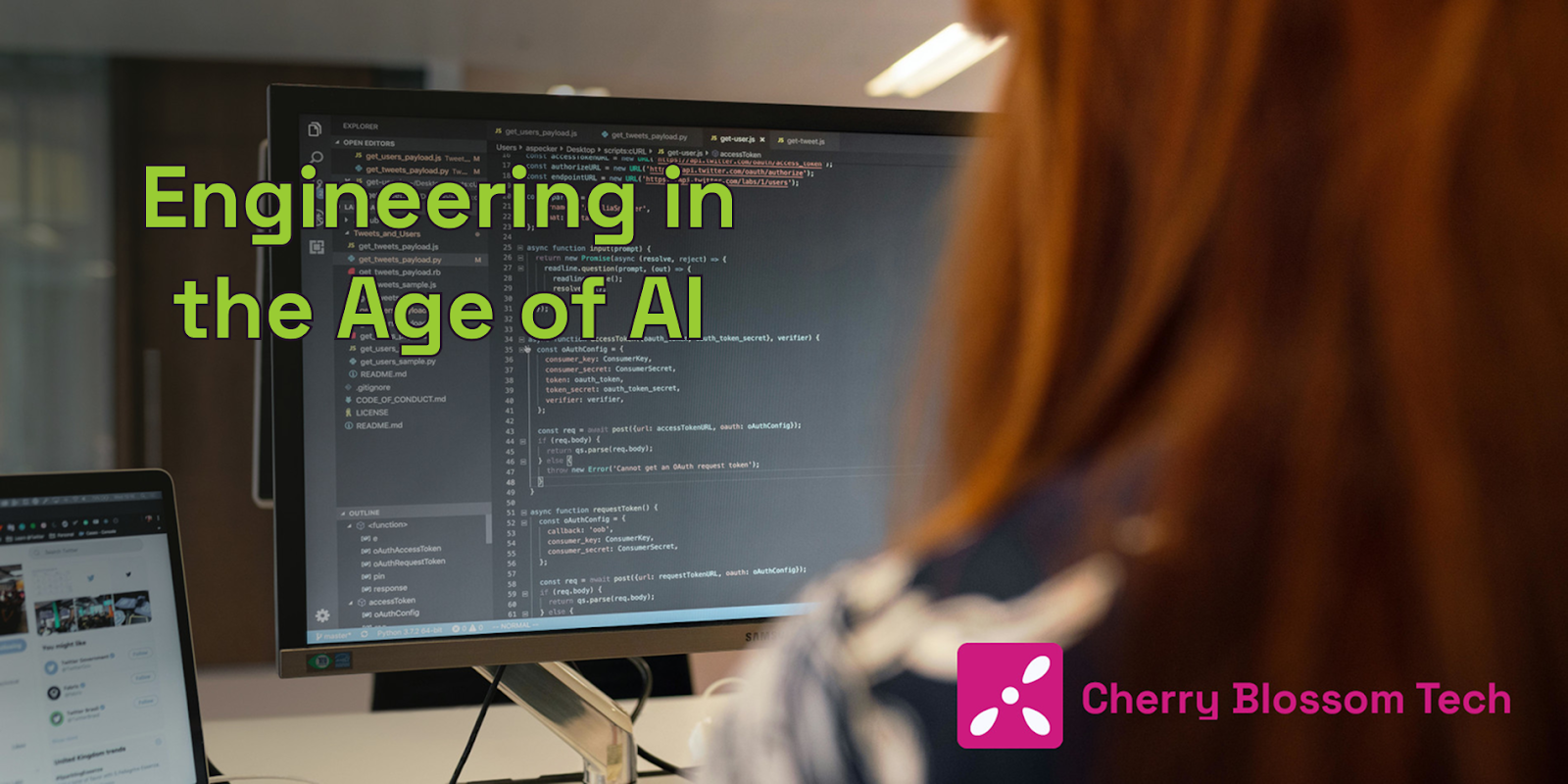 Picture of laptop showing a code editor, Cherry Blossom Tech logo, and title: "Engineering in the Age of AI"